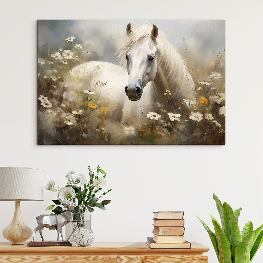 White horse in a field of flowers