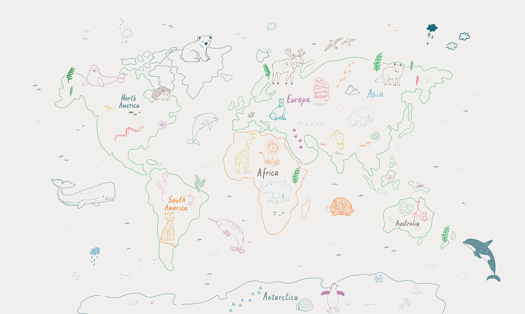 Mapa sveta so zvieratami a textom Mapa sveta so zvieratami a textom