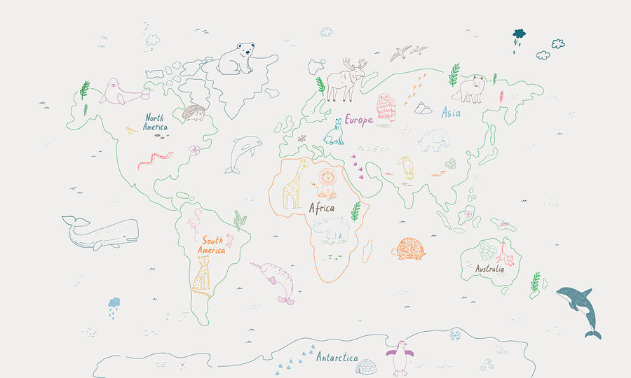 Mapa sveta so zvieratami a textom