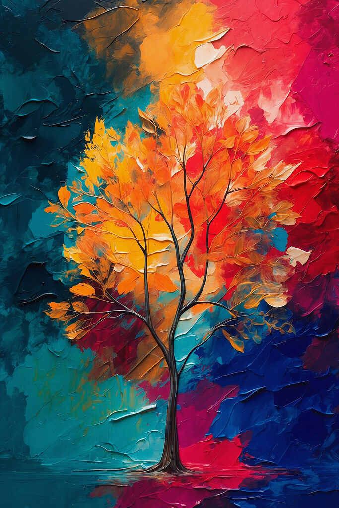 Painting of a tree with orange and blue leaves Painting of a tree with orange and blue leaves