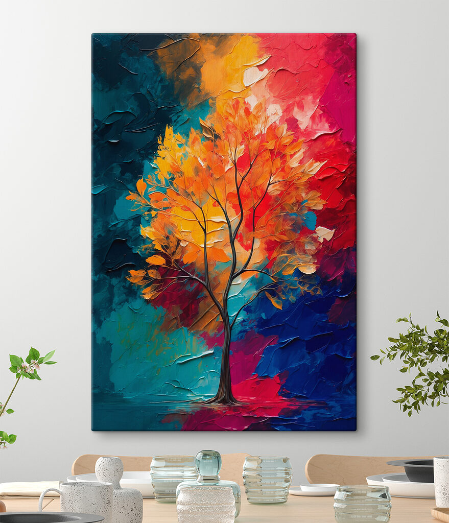Painting of a tree with orange and blue leaves Painting of a tree with orange and blue leaves