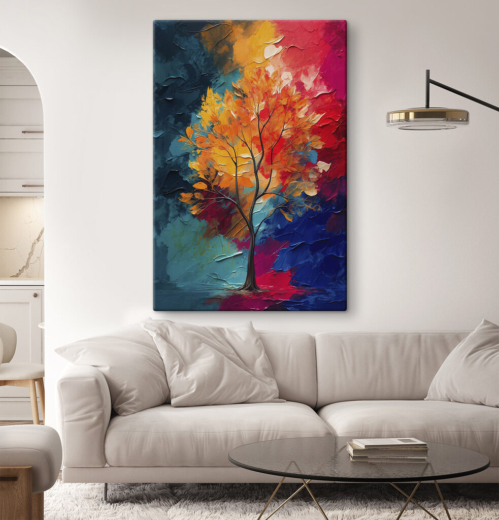 Painting of a tree with orange and blue leaves Painting of a tree with orange and blue leaves