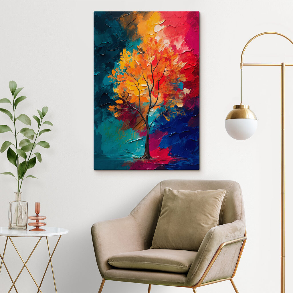 Painting of a tree with orange and blue leaves Painting of a tree with orange and blue leaves