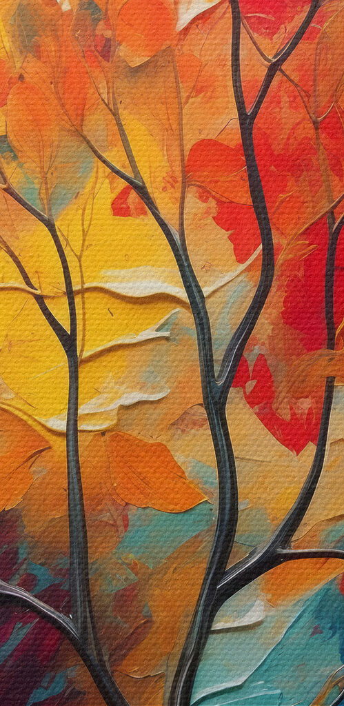 Painting of a tree with orange and blue leaves Painting of a tree with orange and blue leaves