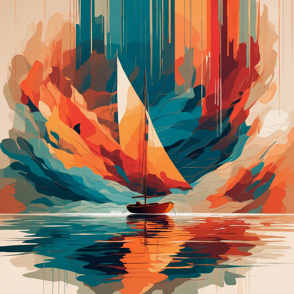 Sailboat on water with colorful clouds