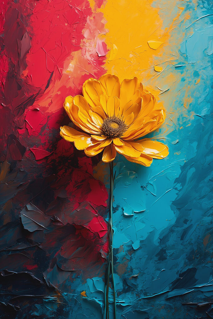 Yellow flower on a blue and red background