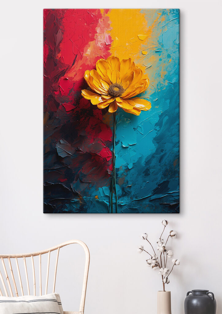 Yellow flower on a blue and red background