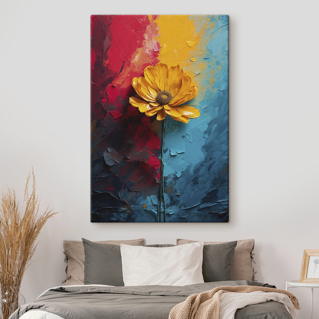 Yellow flower on a blue and red background