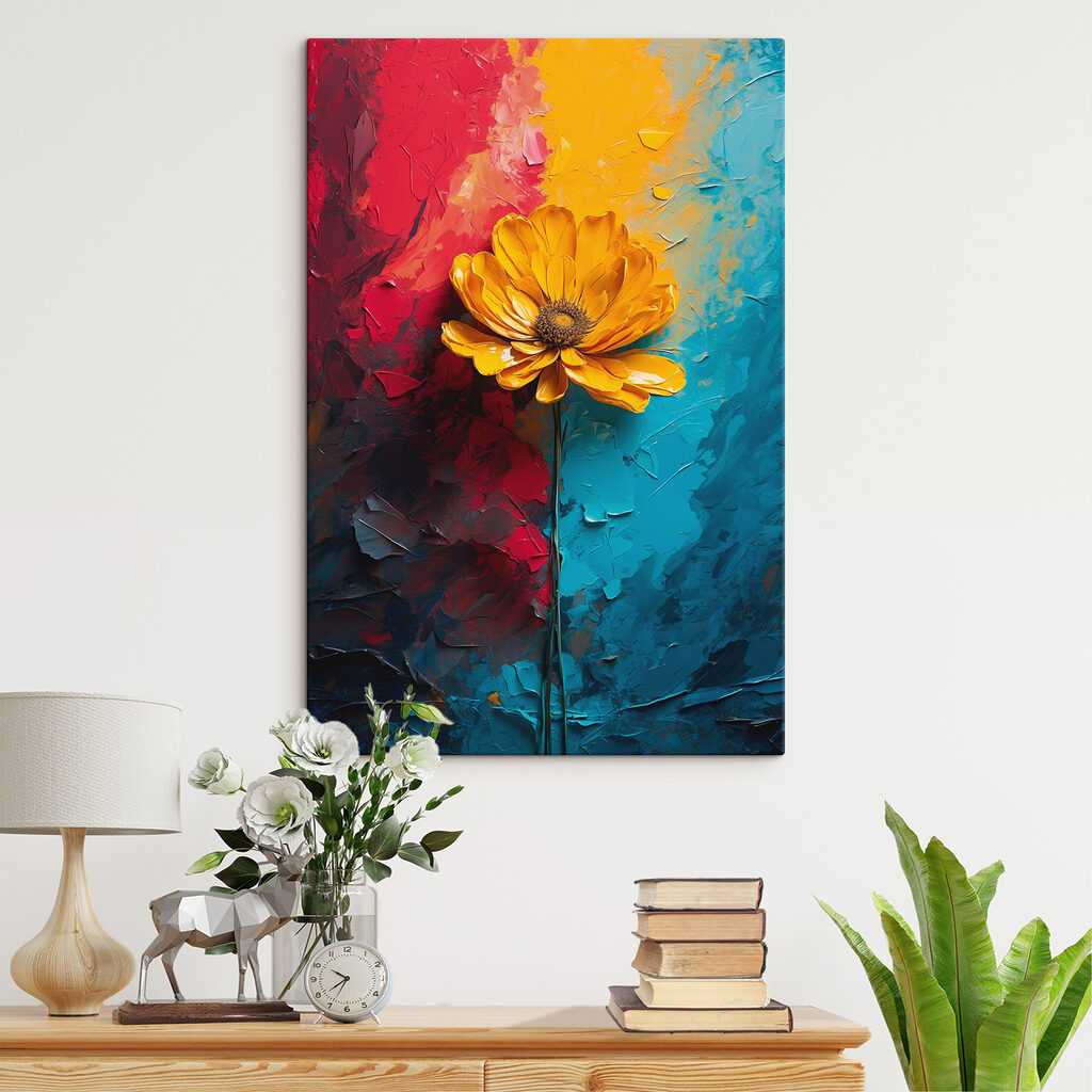 Yellow flower on a blue and red background