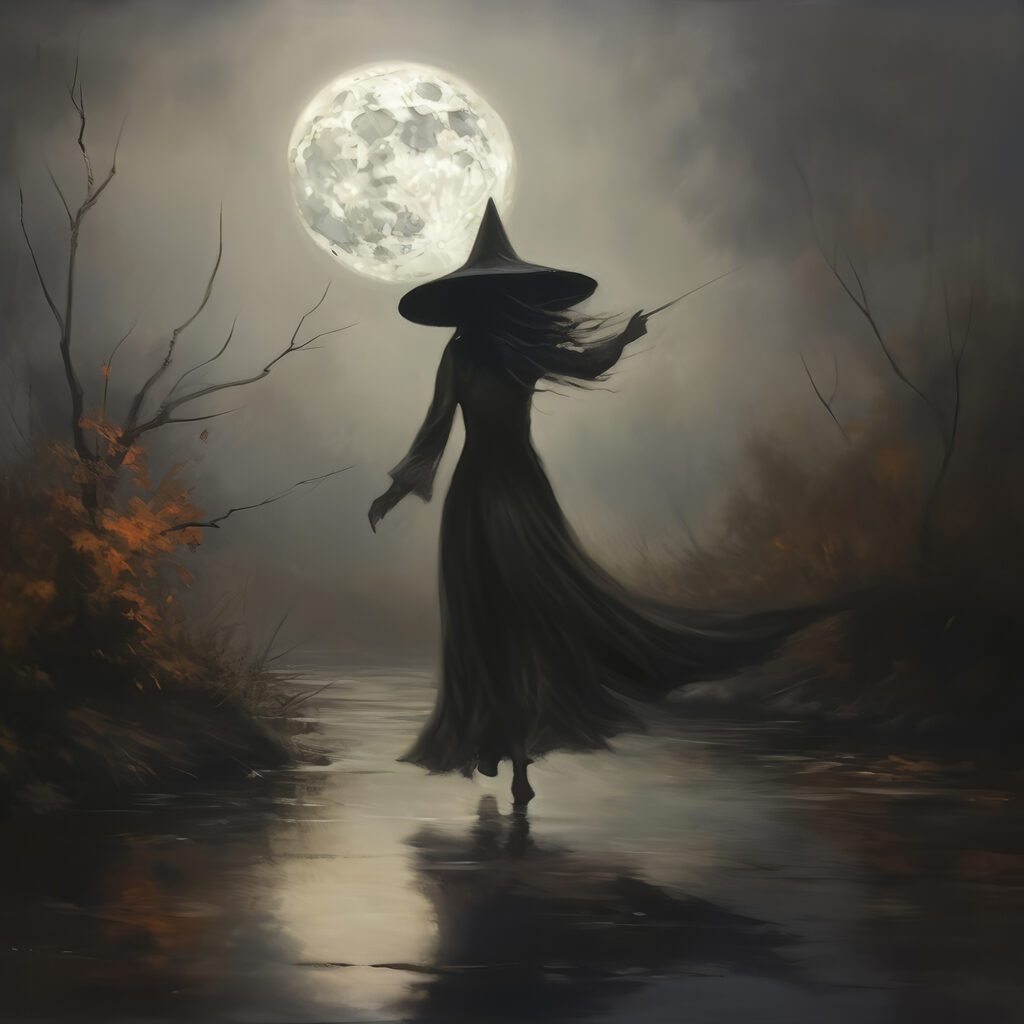 Woman in a person garment walking on a path with a full moon Woman in a person garment walking on a path with a full moon