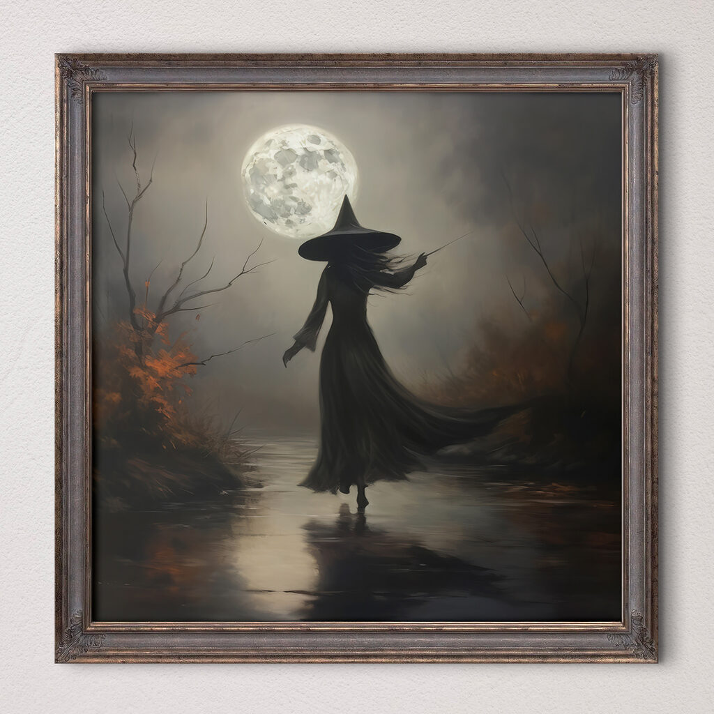 Woman in a person garment walking on a path with a full moon Woman in a person garment walking on a path with a full moon