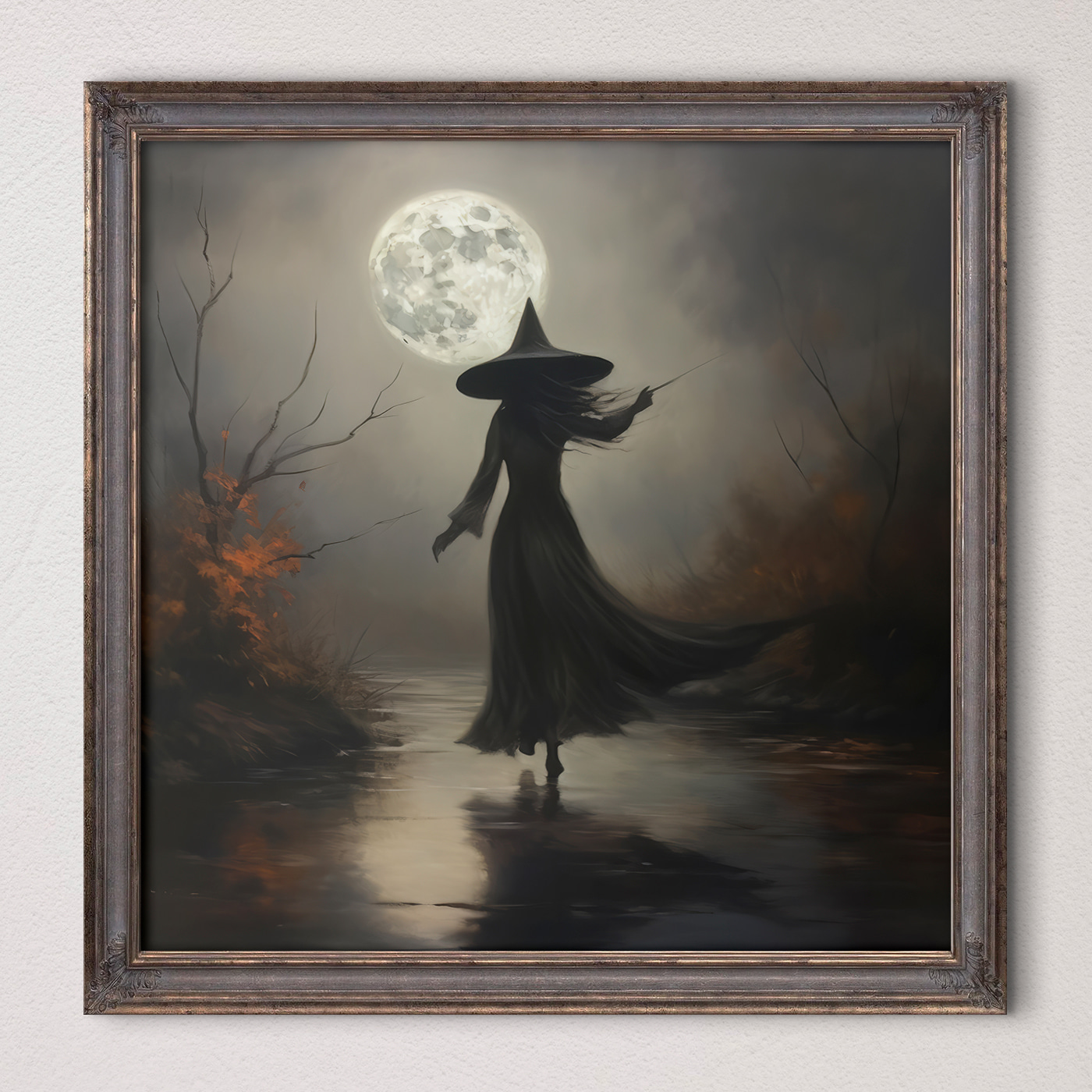 Woman in a person garment walking on a path with a full moon Woman in a person garment walking on a path with a full moon