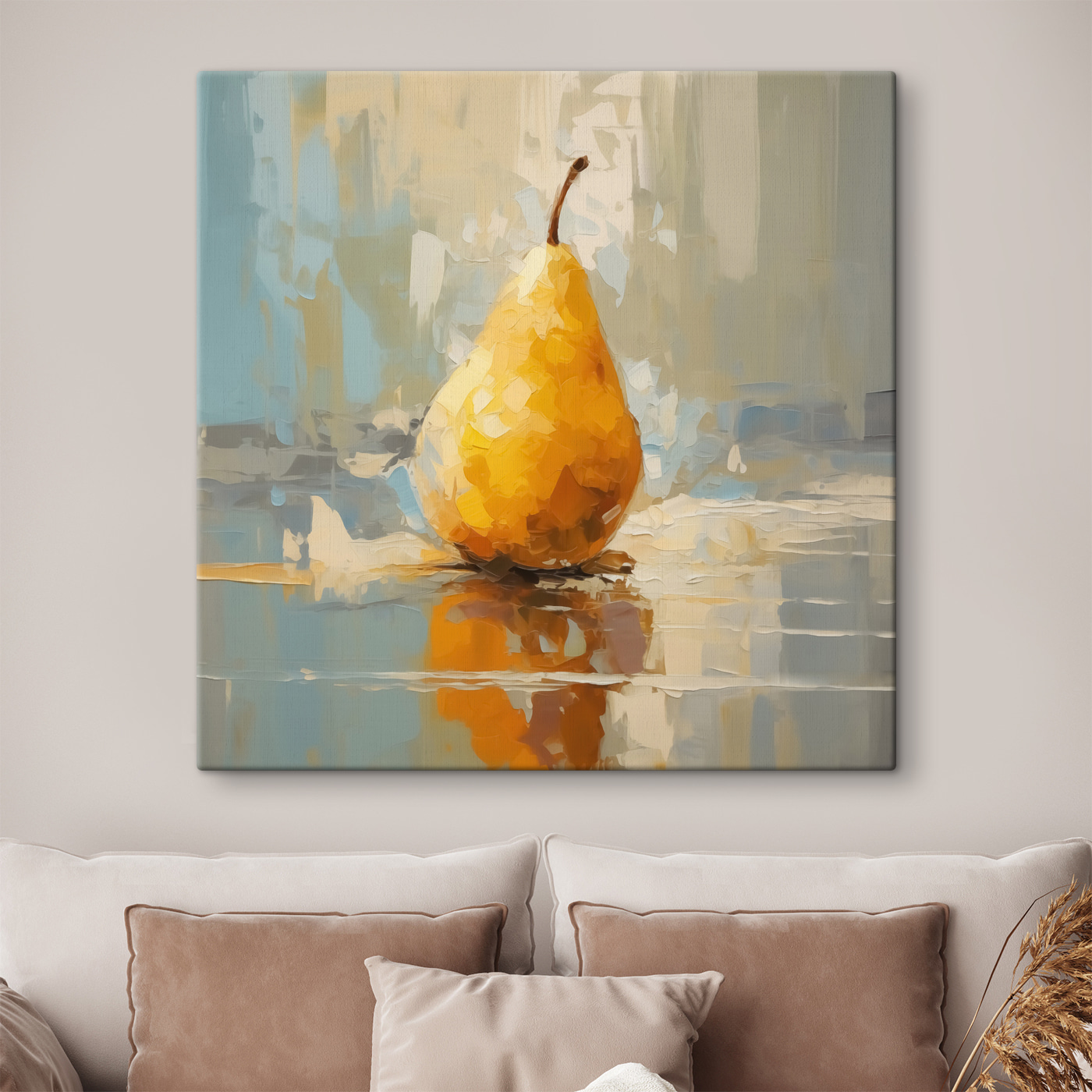 Yellow pear on a reflective surface