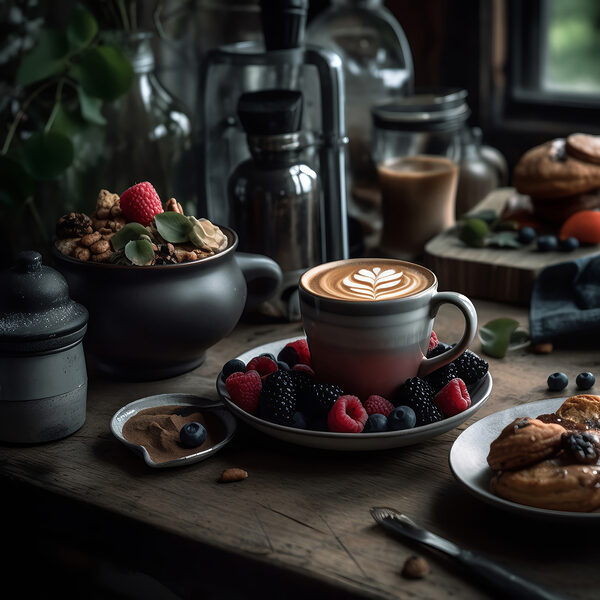 Šálka kávy s latte art na tanieri s ovocím a obilninami Šálka kávy s latte art na tanieri s ovocím a obilninami