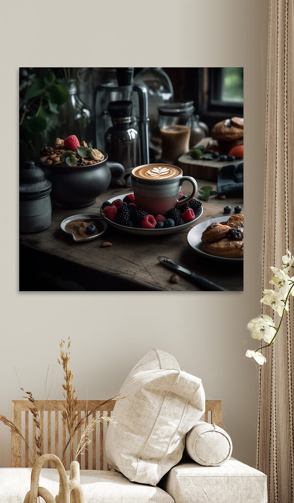 Šálka kávy s latte art na tanieri s ovocím a obilninami Šálka kávy s latte art na tanieri s ovocím a obilninami