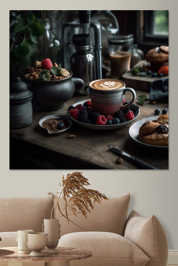 Šálka kávy s latte art na tanieri s ovocím a obilninami Šálka kávy s latte art na tanieri s ovocím a obilninami