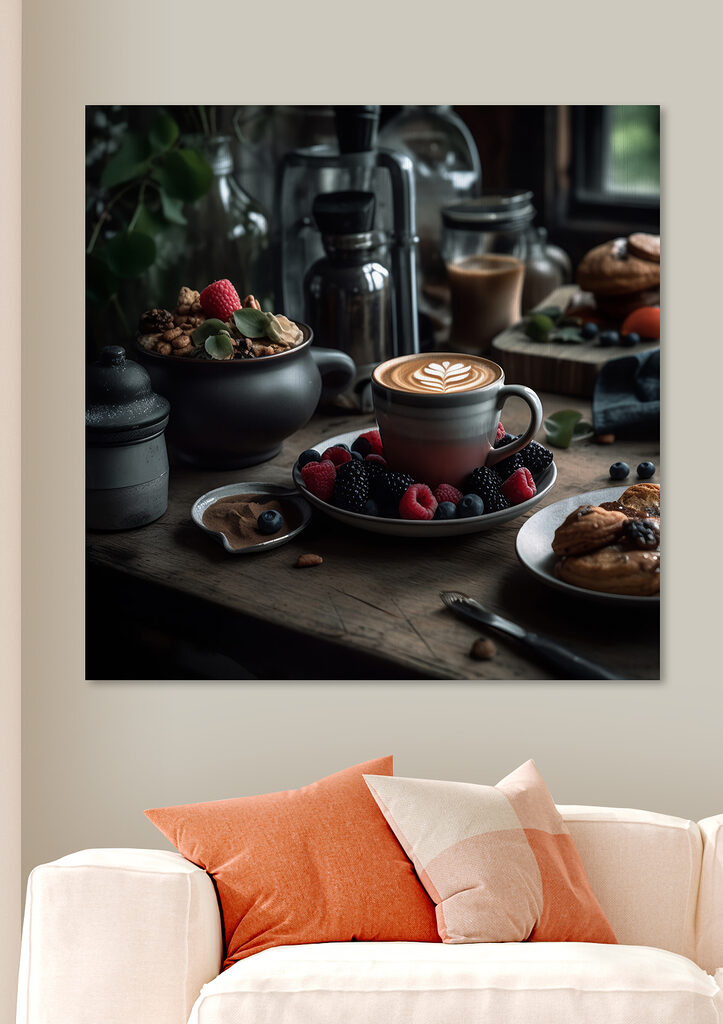 Cup of coffee with a latte art on a plate with fruit and cereals