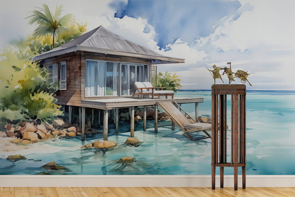 Watercolor painting of a house on stilts Watercolor painting of a house on stilts
