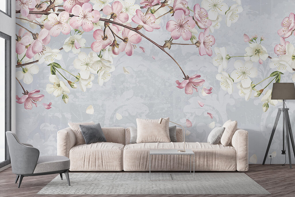 Branch with white and pink flowers