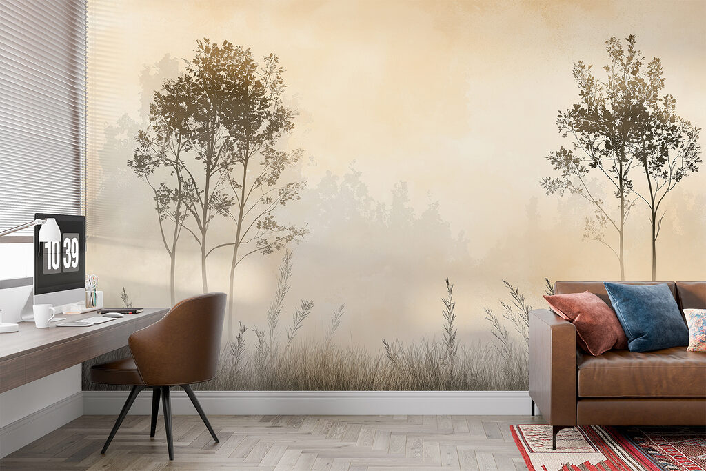 Foggy landscape with trees and grass