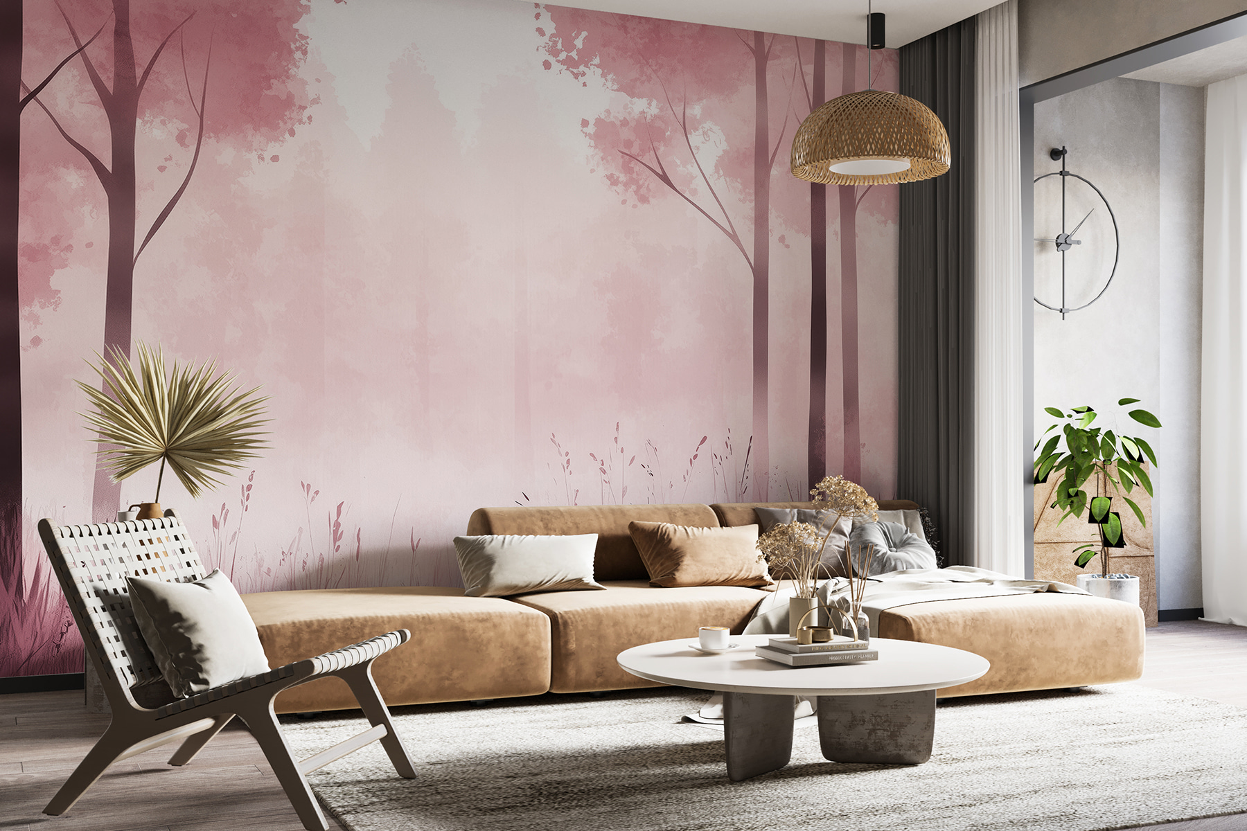 Foggy forest with pink trees Foggy forest with pink trees