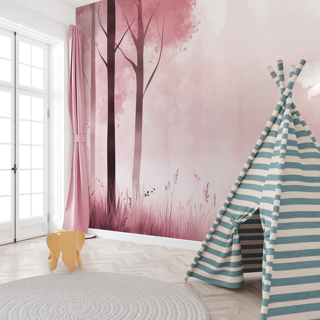 Foggy forest with pink trees Foggy forest with pink trees