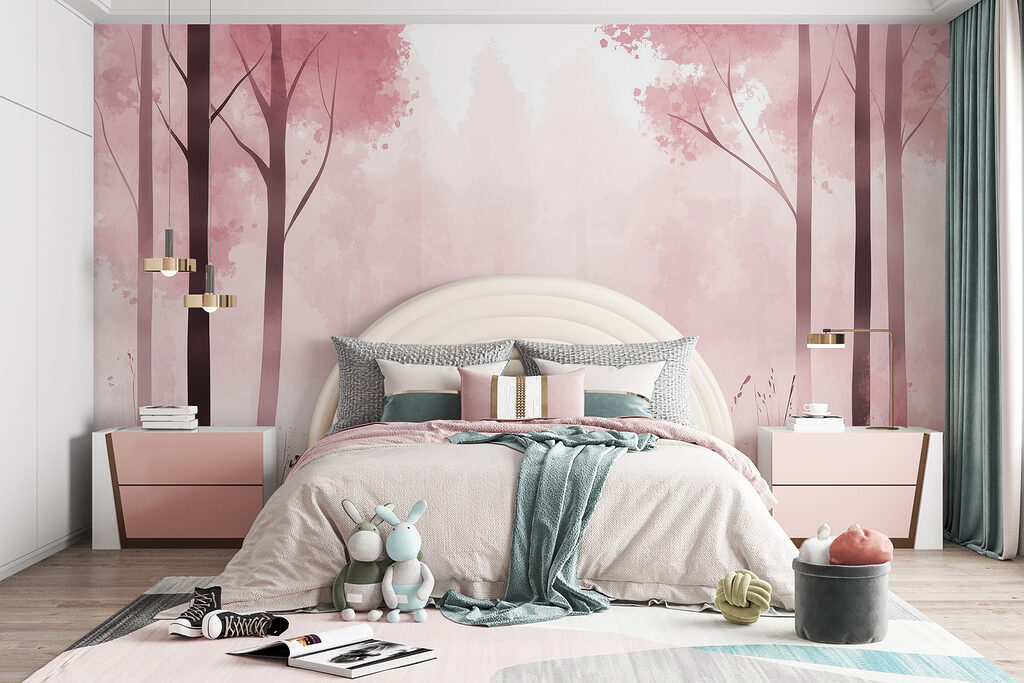 Foggy forest with pink trees Foggy forest with pink trees