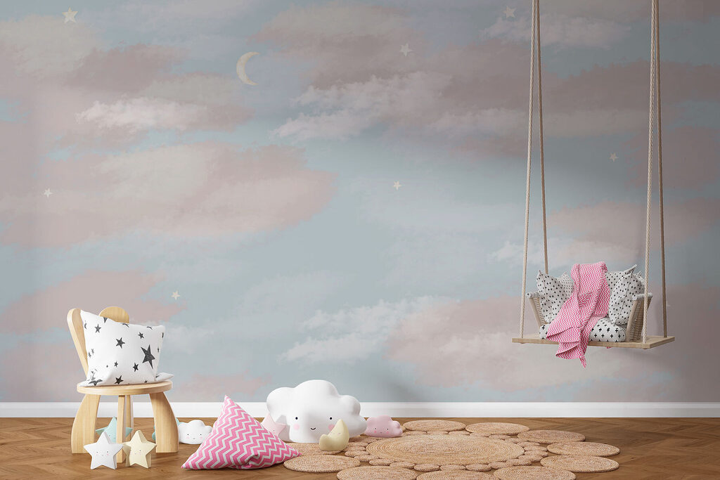 Blue sky with clouds and a crescent moon Blue sky with clouds and a crescent moon