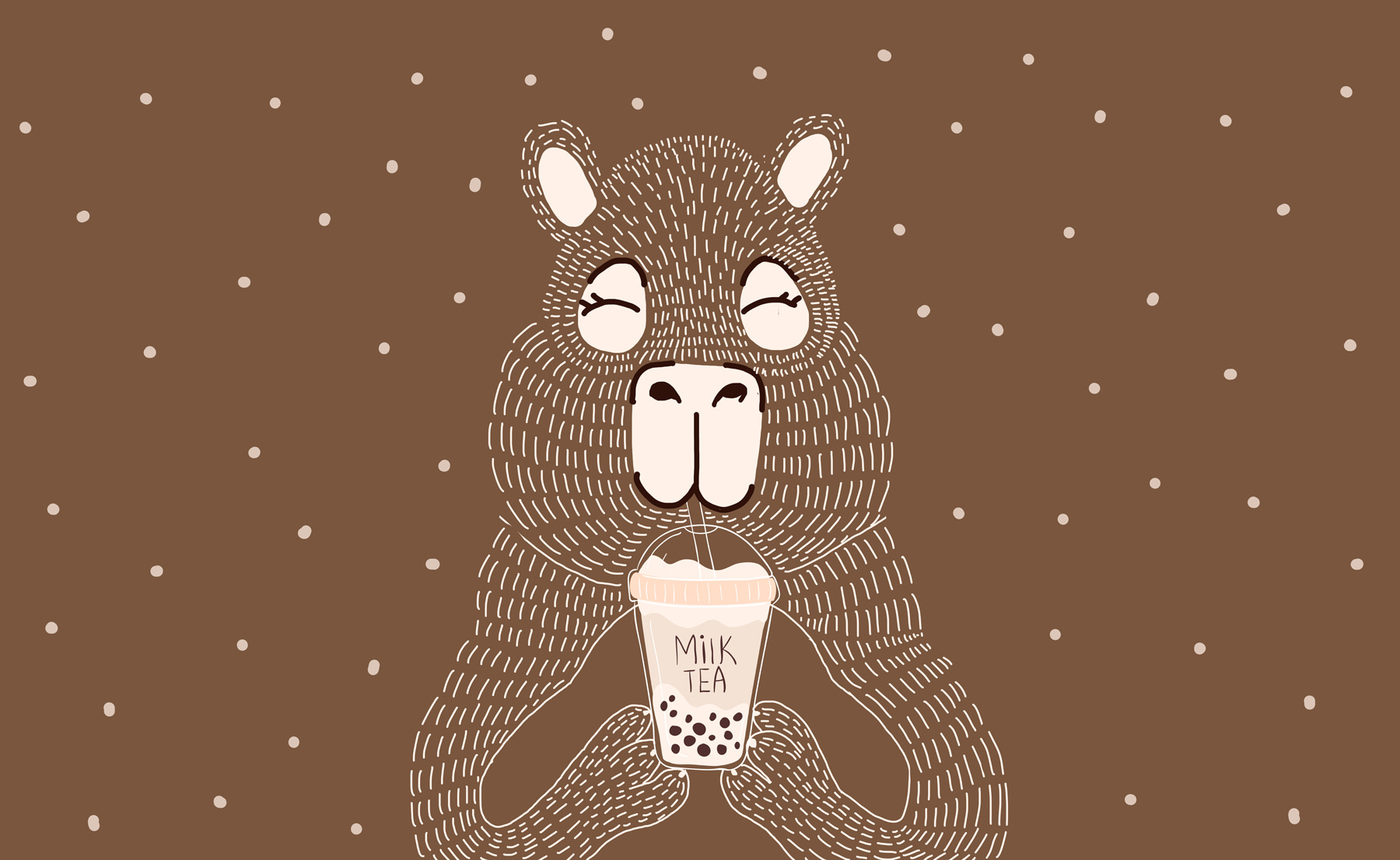Cartoon animal holding a cup of milk tea