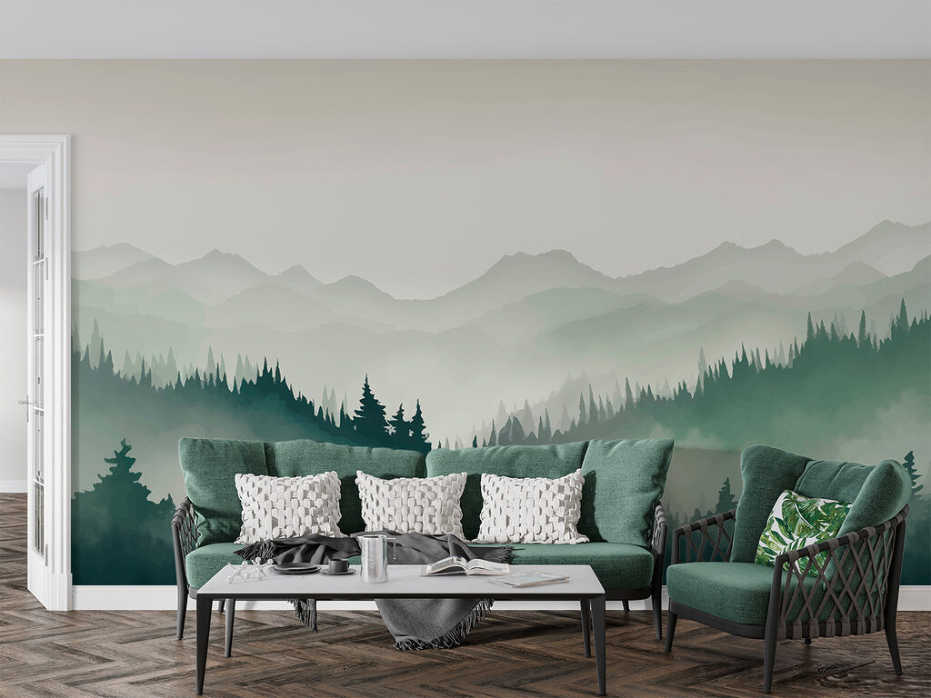 Foggy mountain landscape with trees and mountains Foggy mountain landscape with trees and mountains