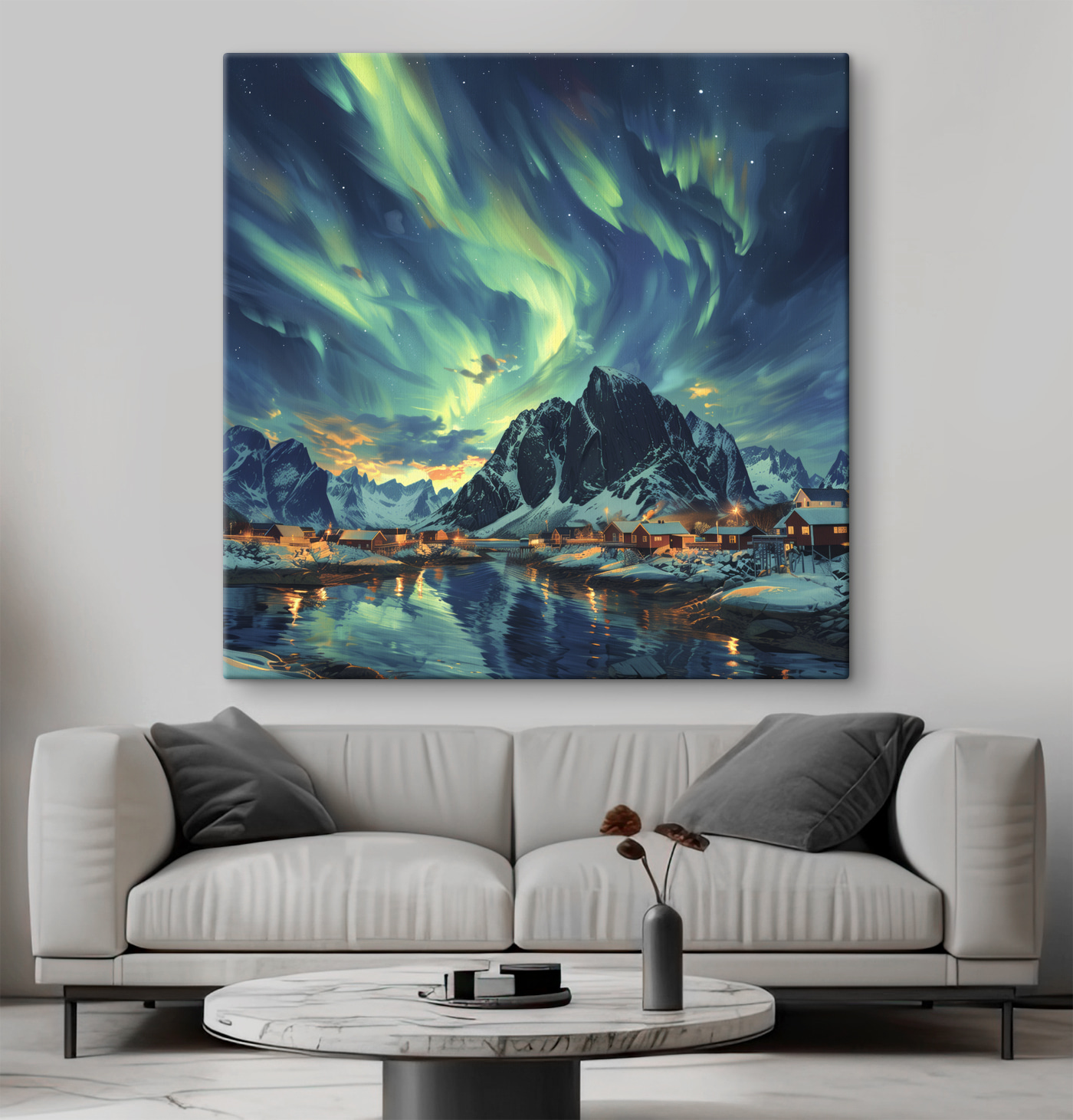 Landscape with a lake and houses in the snow Landscape with a lake and houses in the snow