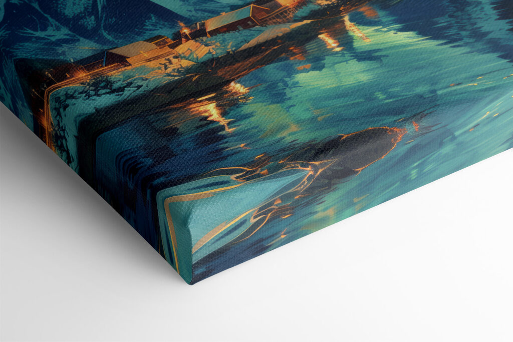 Landscape with a lake and houses in the snow Landscape with a lake and houses in the snow