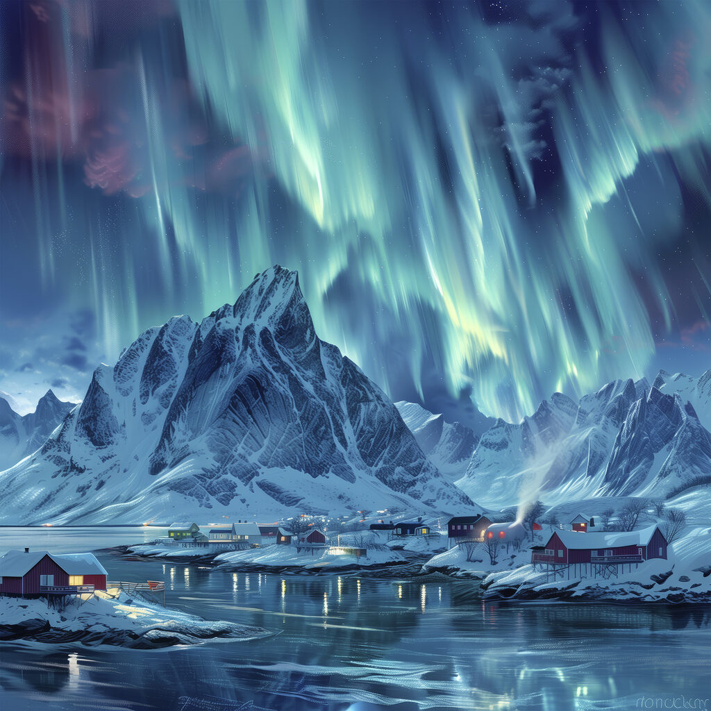 Snowy mountain range with a village in the distance