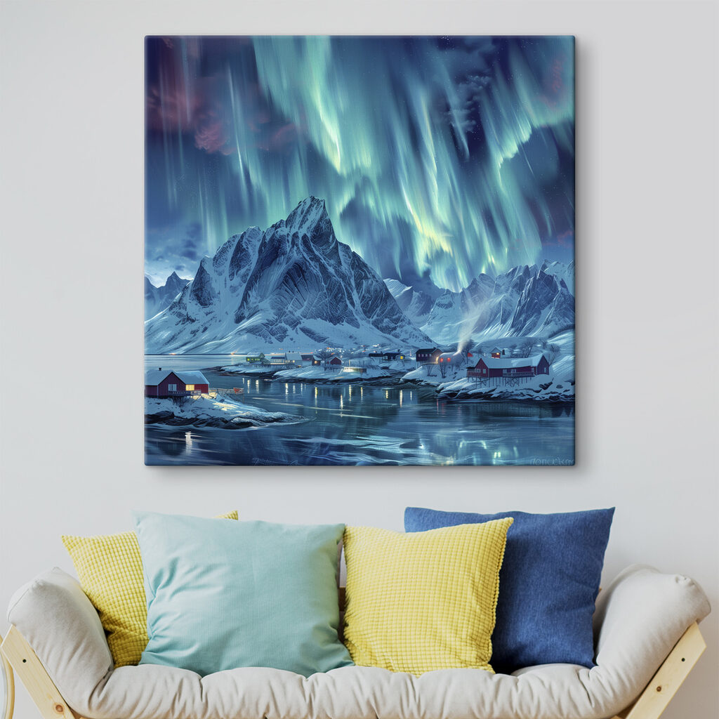 Snowy mountain range with a village in the distance