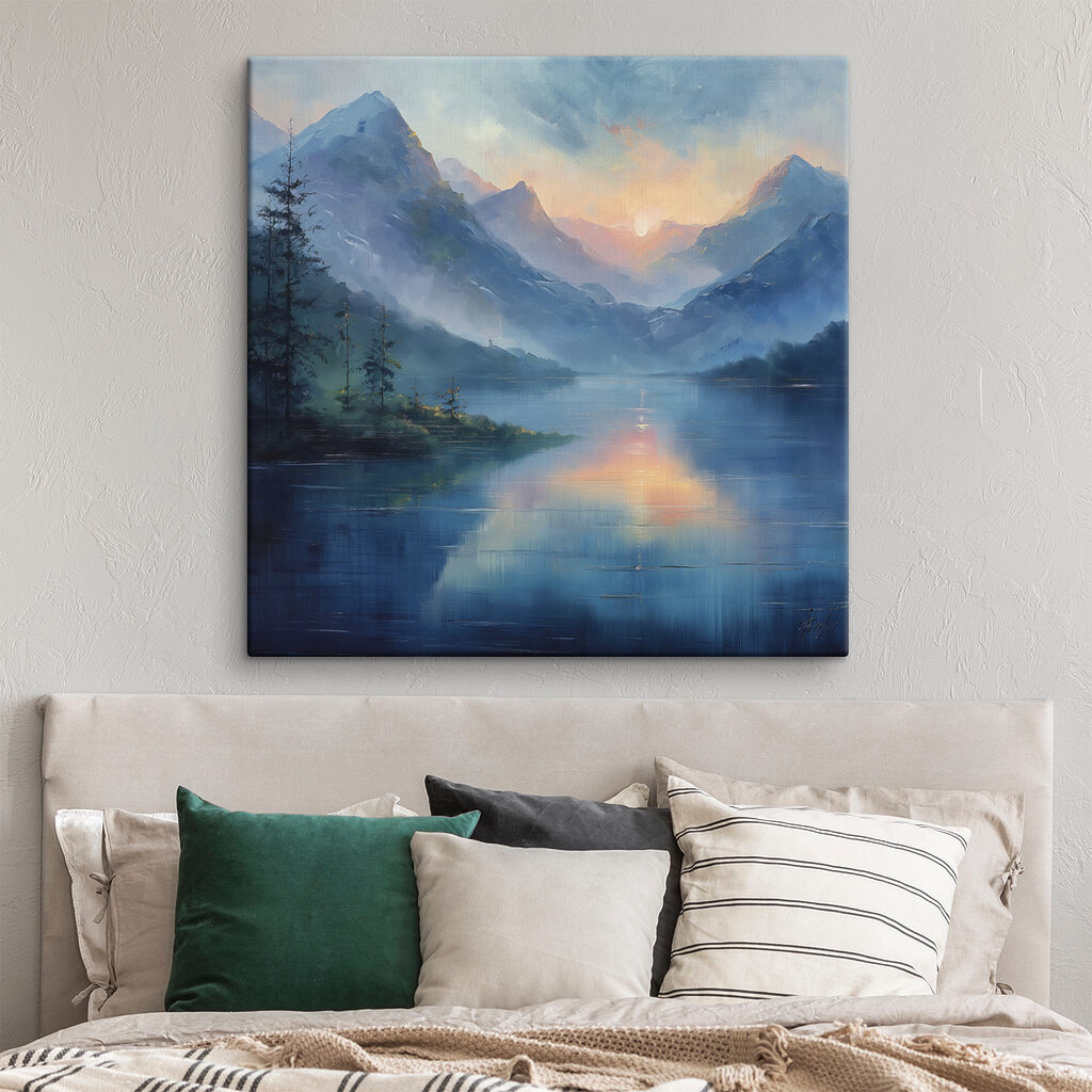 Painting of a lake with mountains and trees