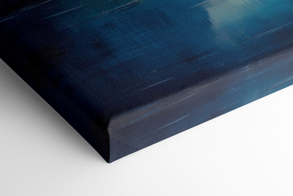 Painting of a lake with mountains and trees