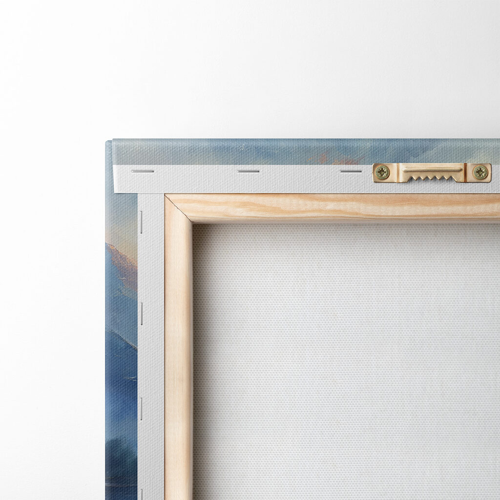 Painting of a lake with mountains and trees