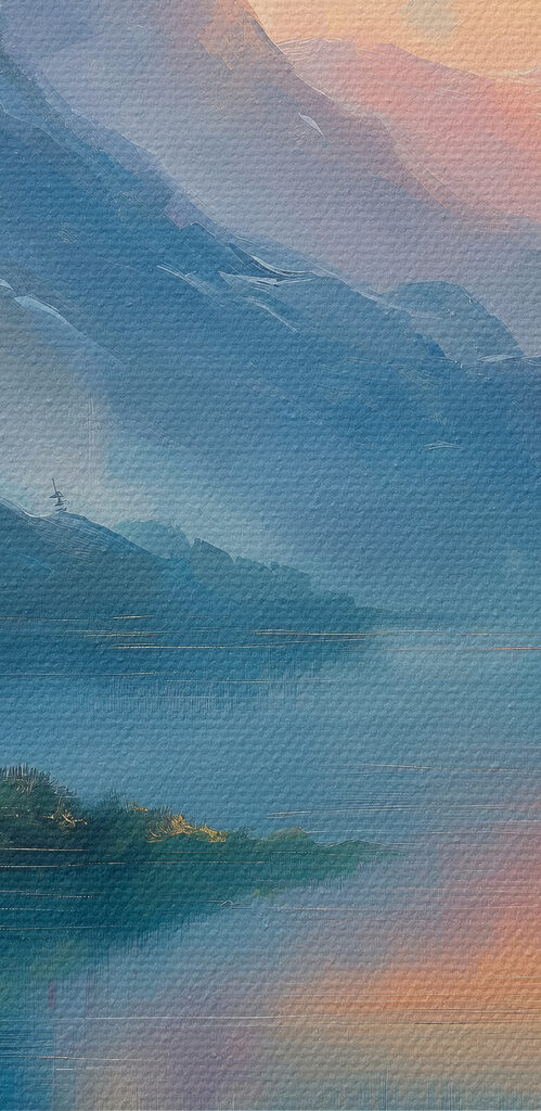 Painting of a lake with mountains and trees