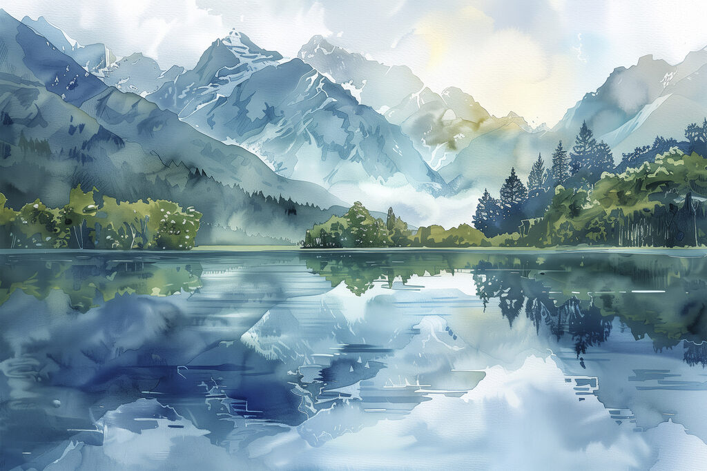 Water painting of a lake with trees and mountains in the background