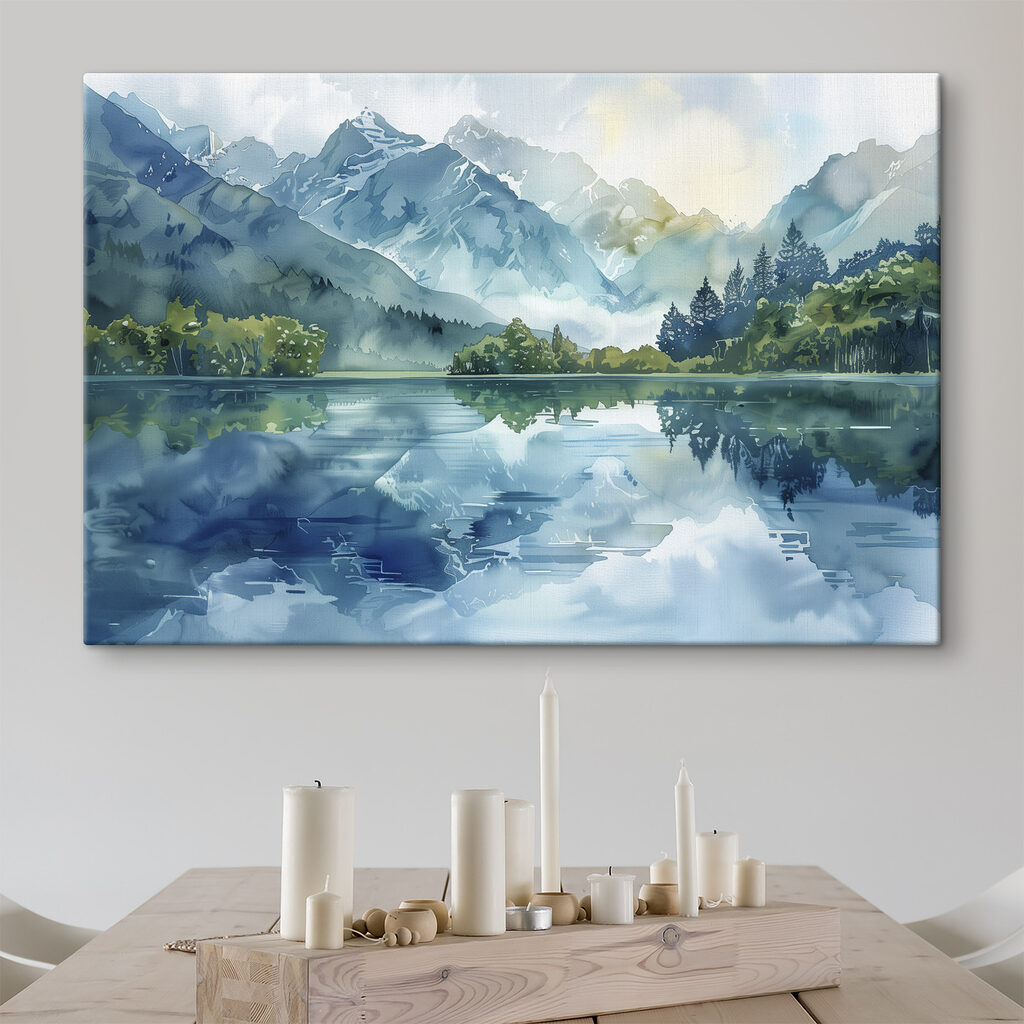 Water painting of a lake with trees and mountains in the background