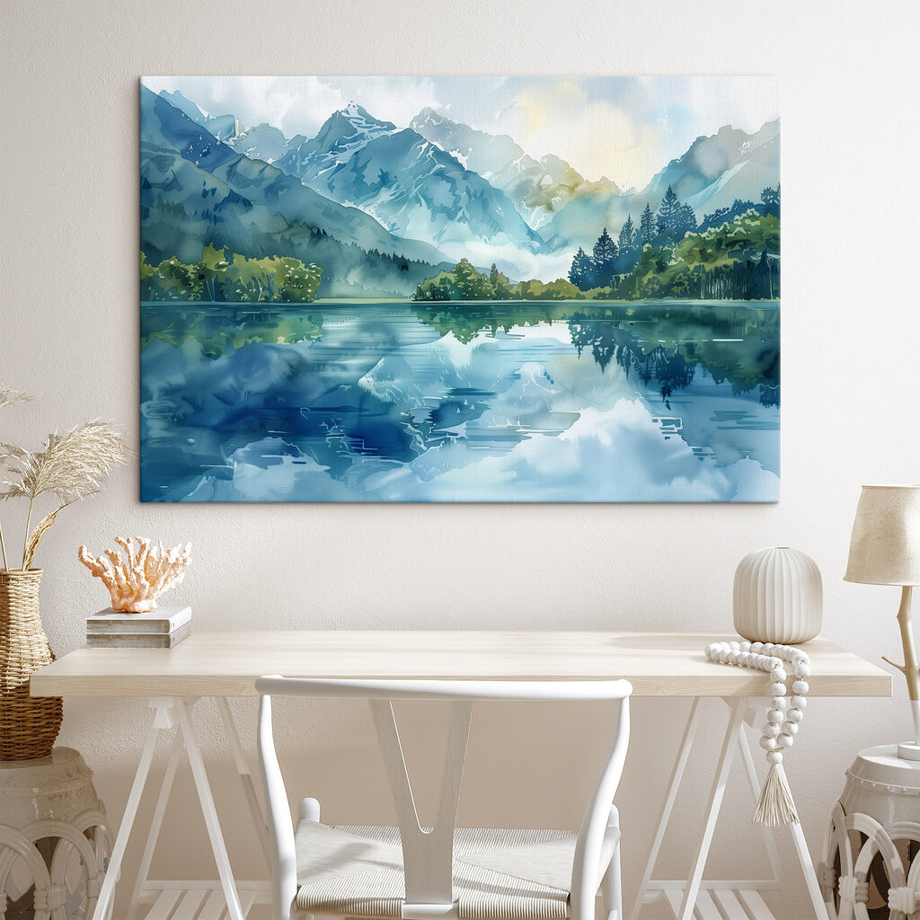 Water painting of a lake with trees and mountains in the background