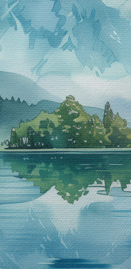 Water painting of a lake with trees and mountains in the background