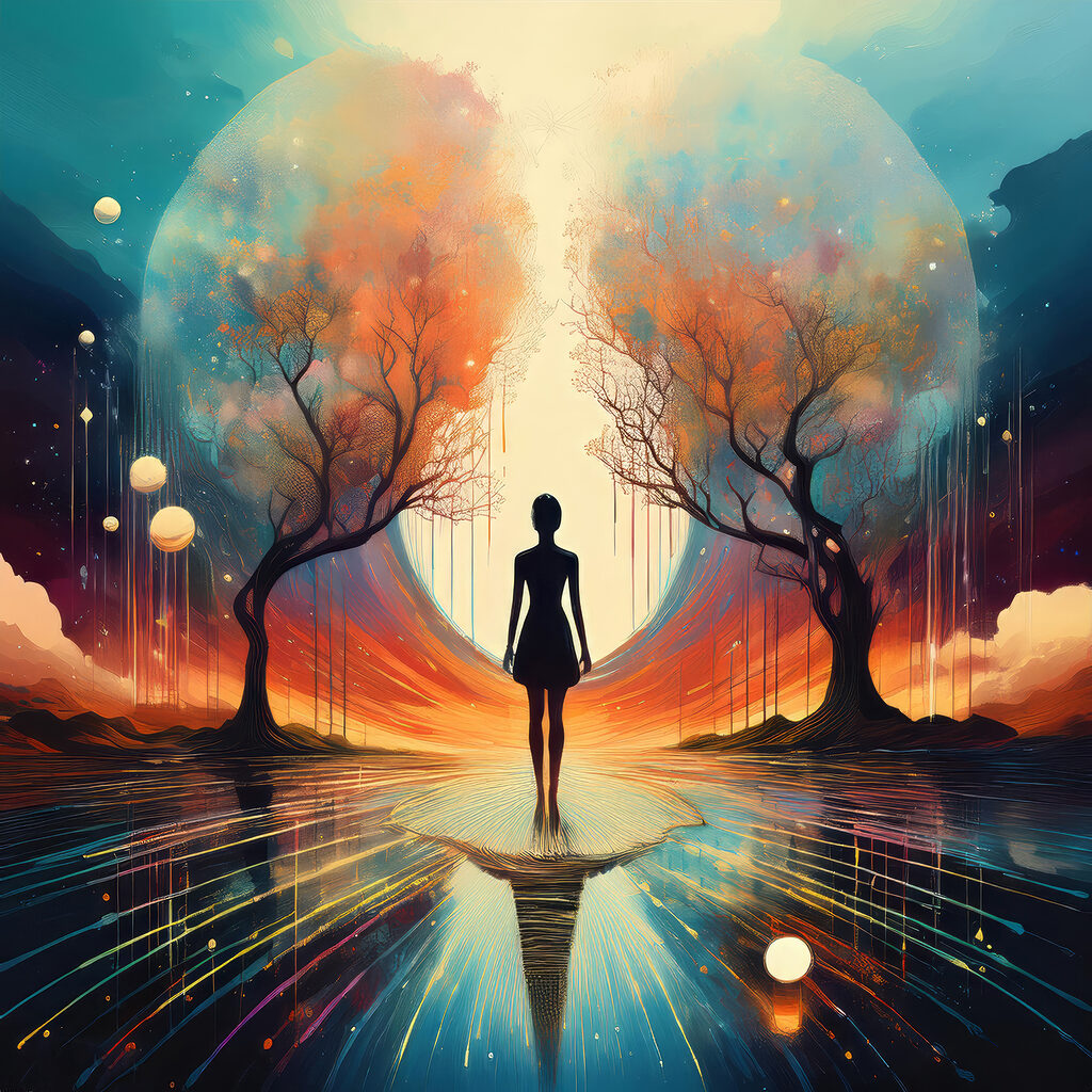 Woman standing on a reflective surface with trees and a large moon Woman standing on a reflective surface with trees and a large moon