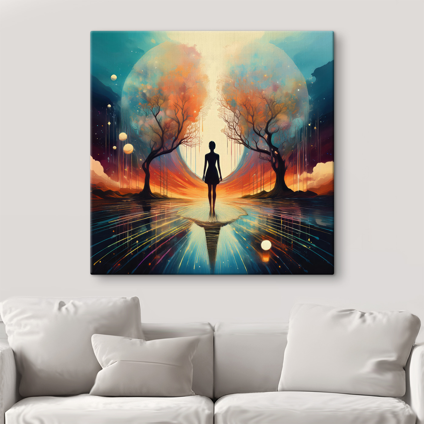 Woman standing on a reflective surface with trees and a large moon Woman standing on a reflective surface with trees and a large moon