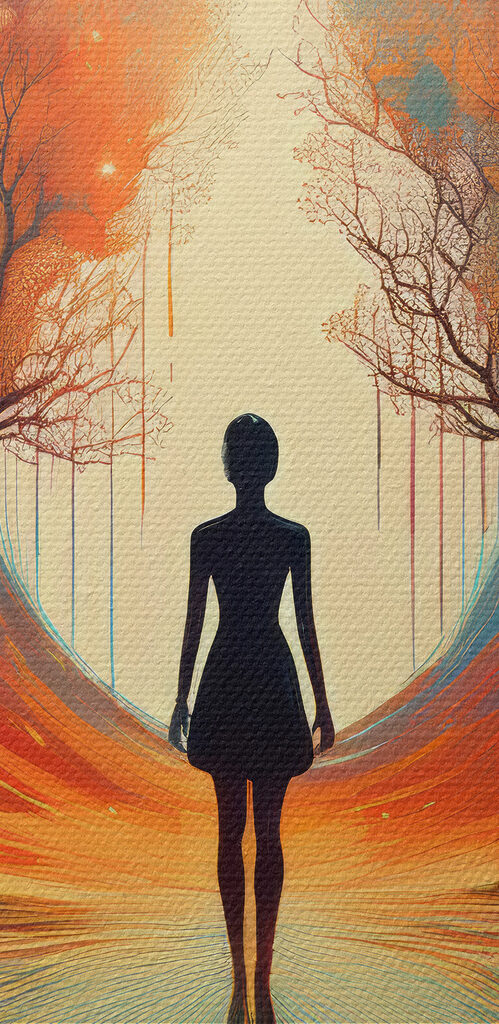 Woman standing on a reflective surface with trees and a large moon Woman standing on a reflective surface with trees and a large moon