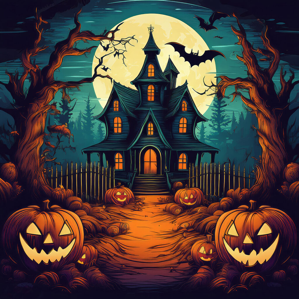 House with pumpkins and a fence in front of it