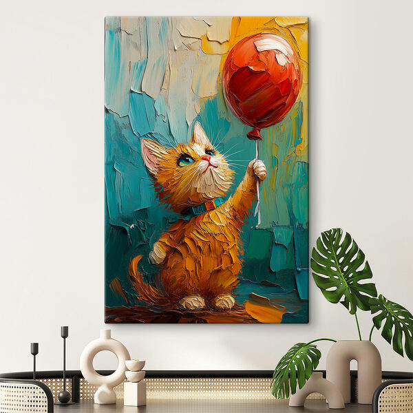 Maľba mačky držiacej balón Maľba mačky držiacej balón