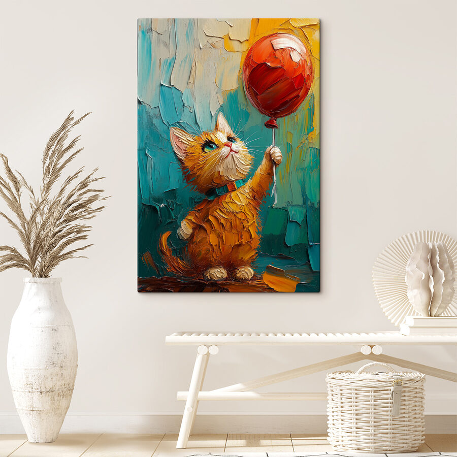 Maľba mačky držiacej balón Maľba mačky držiacej balón