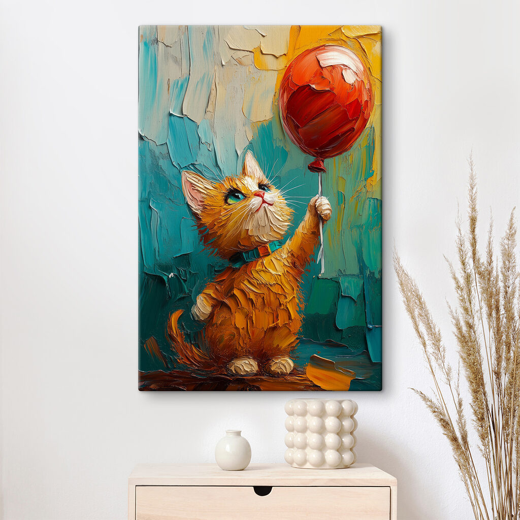 Painting of a cat holding a balloon
