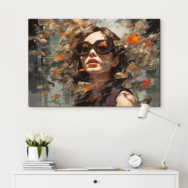 Žena so slnečnými okuliarmi a lietajúcimi peniazmi Obraz Žena so slnečnými okuliarmi a lietajúcimi peniazmi